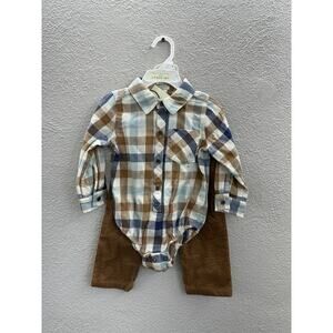 Max Studio Baby Outfit Size 12M 3 Piece Set Flannel Cordory Pants & Overalls
